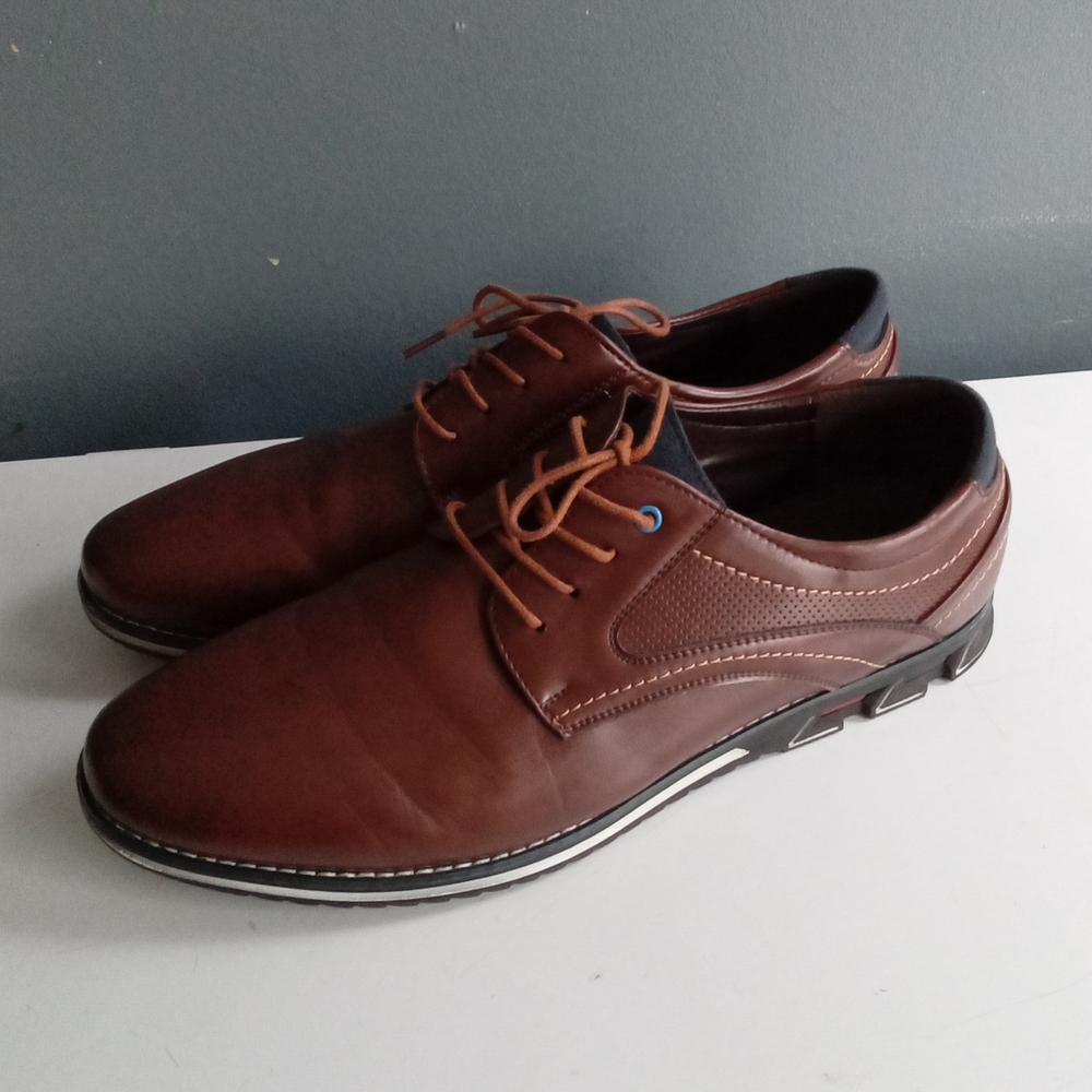 Mens Brown Leather Plain Toe Derby Dress Shoes with Sporty Outsole‎ Navy Trim
